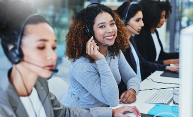 Woman, office and portrait in call center for customer support, consulting and outbound telemarketing for sales. Girl, happy and headphones for communication, listening and contact us for advice.