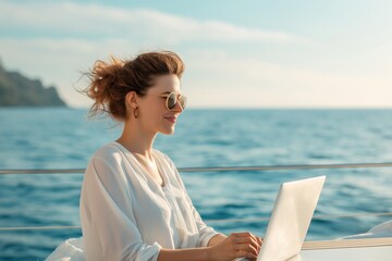Young smiling woman in sunglasses with a laptop on the deck of a yacht, sea view. Concept: digital nomad, remote work, work and life balance, freelancing