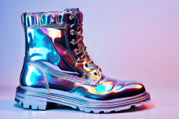 Stylish shiny holographic boot. Modern fashion shoes.