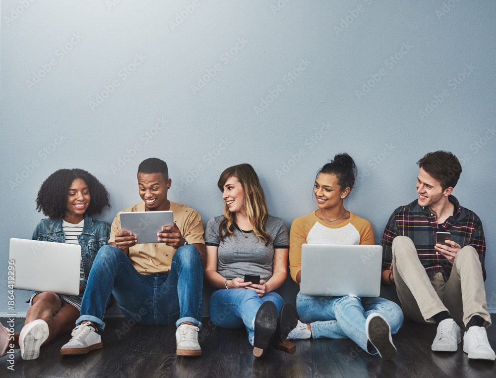 Poster tablet, laptop and business people on floor in startup for internet, website and online networking. 