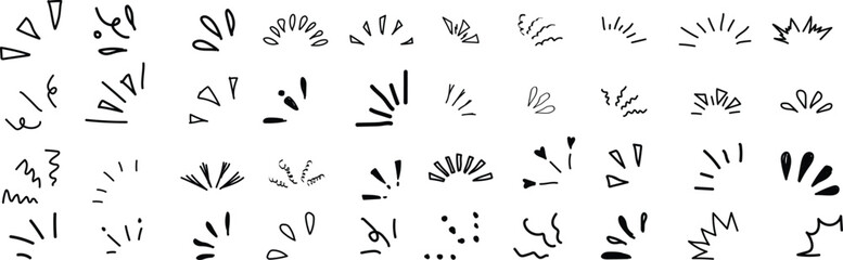 Sunburst doodle splash elements vector set. Glitter stars in hand drawn style. Sketch burst shapes, starburst signs.vector eps10