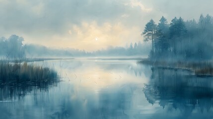Fototapeta premium A watercolor scene of a marshland shrouded in morning fog, the mist creating a dreamy atmosphere, distant trees barely visible, the water still and reflective, a serene and tranquil environment.