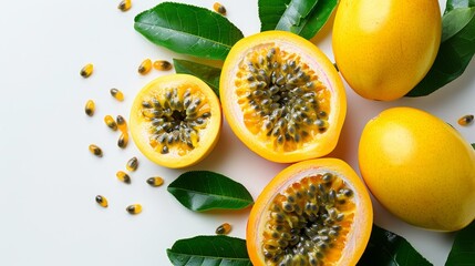 yellow passion fruit on white background with empty space