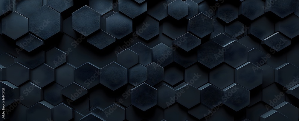 Poster 3d render of dark black hexagon pattern background, abstract wallpaper with geometric shapes and tex
