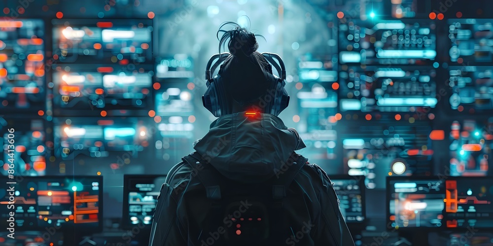 Aufkleber illustration of cyberpunk hacker in futuristic environment with holographic interfaces. concept cybe
