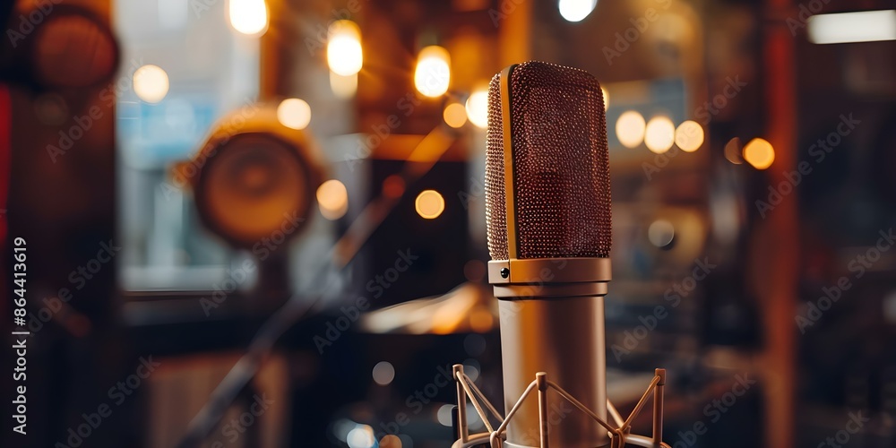 Poster available copy space in an empty recording studio with a studio microphone and pop shield. concept r