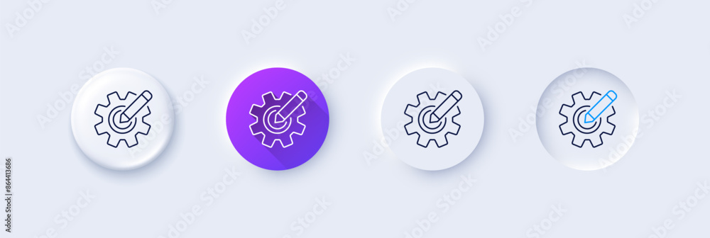 Poster cogwheel line icon. neumorphic, purple gradient, 3d pin buttons. engineering tool sign. edit setting
