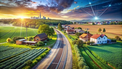Aerial View of a Country Road with Houses and a City Skyline in the Distance