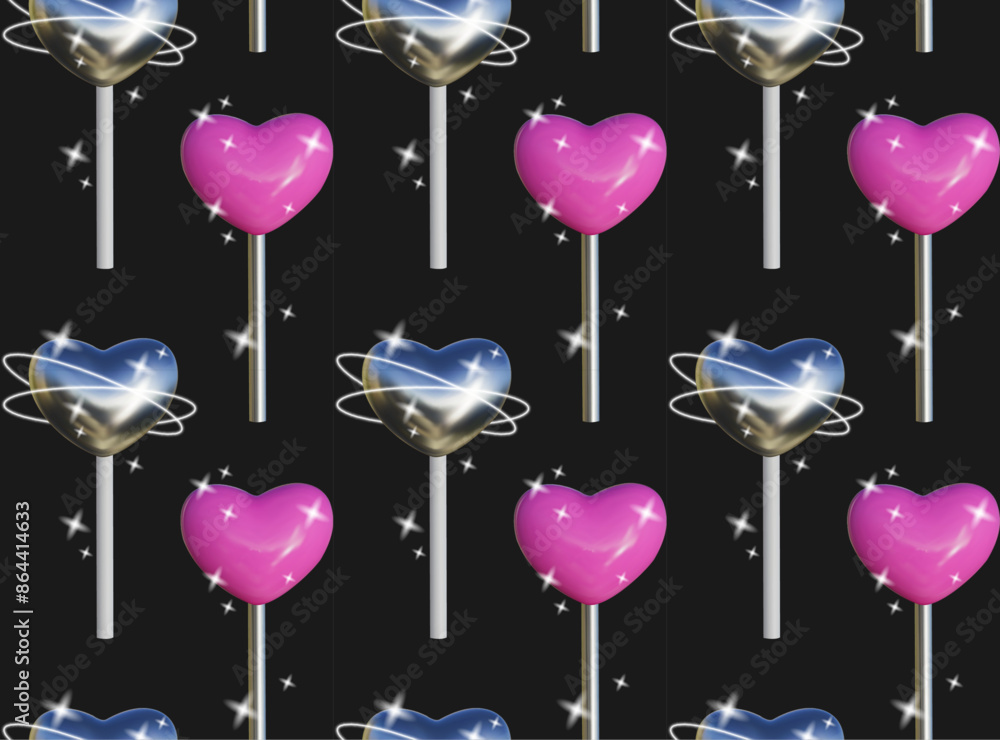 Aufkleber abstract seamless pattern in y2k style. three-dimensional heart-shaped candies with pink plastic and