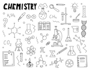 Hand drawn Chemistry doodle symbols icon set. Back to School sketchy background. Science elements. Education and study concept. For wrapping paper, scrapbooking, notebook, sketchbook, notebook cover