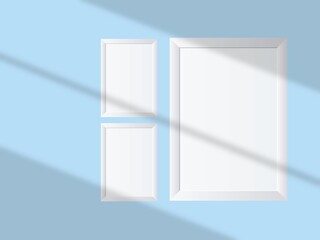 Frames on wall, gallery wall for photo, art, design presentation, frame mockup, soft pink background.