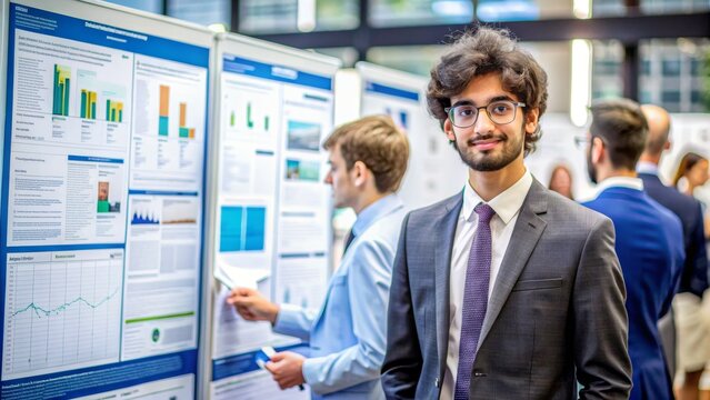 Businessman in Suit at Conference with Poster Presentation, Graphs and Data Analysis