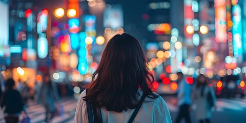 Fototapeta premium Japanese woman exploring Tokyos bustling city streets at night. Concept Night Photography, Tokyo Exploration, Japanese Culture, Urban Lifestyle, City Lights