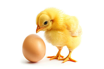 A curious chick examines an egg.