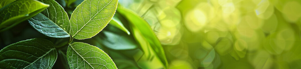 Close-up green leaves with a blurred garden background banner, a natural plant landscape for a...