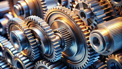 Close-up of Shiny Metal Gears Interlocking in Complex Mechanism