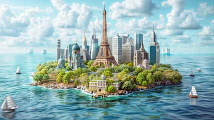 Sustainable and ecological travel concept. Miniature Island with Iconic world landmarks in a Coastal Cityscape