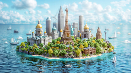 Fototapeta premium Sustainable and ecological travel concept. Miniature Island with Iconic world landmarks in a Coastal Cityscape