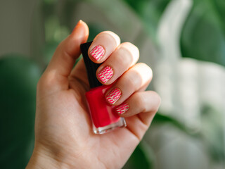 Nails with pink neon stamping nail art design manicure