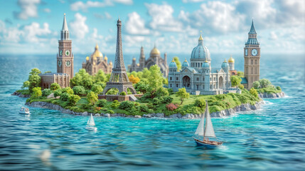 Sustainable and ecological travel concept. Miniature Island with Iconic world landmarks in a Coastal Cityscape