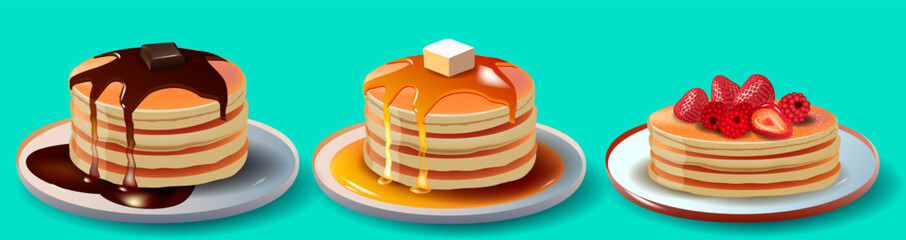 Set of pancakes with honey, chocolate and berries