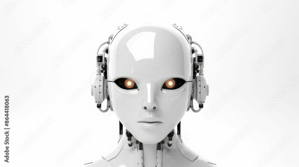 Poster smart android head close up with humanoid features. futuristic robot face concept with white sleek d
