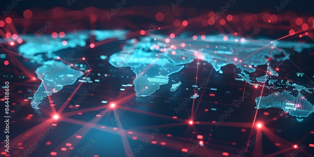 Poster digital world map showing global network connectivity for artificial intelligence research. concept 