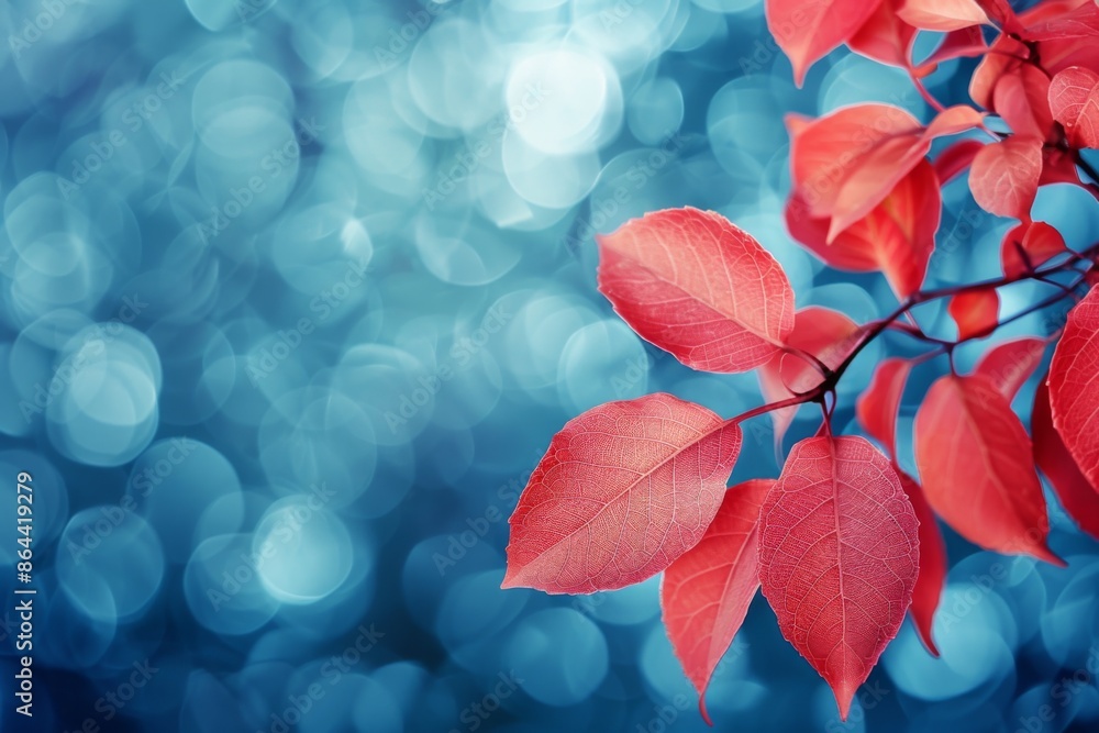 Sticker red leaves on blue bokeh background