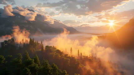 Obraz premium Nature forest Natural pine forest mountains horizon. Landscape wallpaper. Sunrise and sunset. Colorful view background.