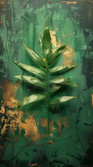 Fototapeta premium A single bamboo leaf, bright green, lying along the edge of a dark forest green canvas. Vertical. 