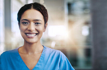 Smile, woman and portrait of nurse in hospital for medical career with growth, positive and...
