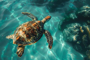 Fototapeta premium Sea Turtle Swimming in Crystal Clear Ocean Waters