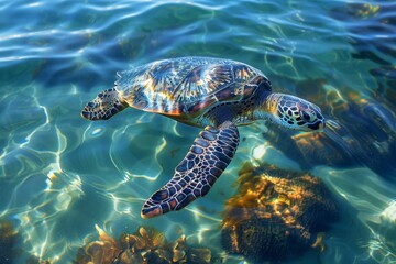 Obraz premium Sea Turtle Swimming in Clear Ocean Water