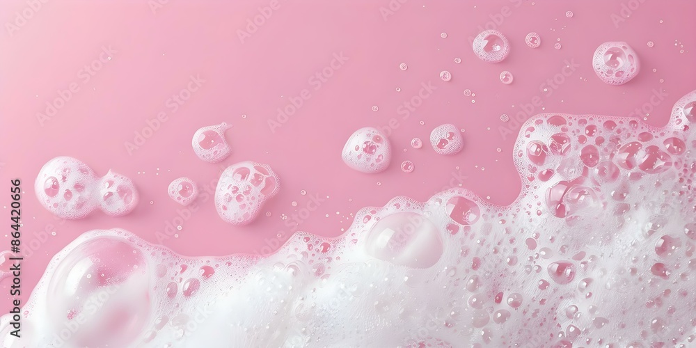 Poster white soap foam bubbles on pink background with copy space minimalistic style. concept soap bubbles,
