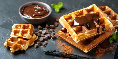 Indulgent homemade Belgian waffles with chocolate spread wafers and Americanstyle waffles. Concept Belgian Waffles, Chocolate Spread Wafers, American-style Waffles, Homemade Indulgence, Sweet Treats