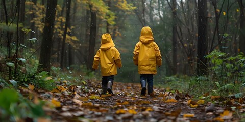 Fototapeta premium Two kids in yellow raincoats walking through forest on a path. Concept Children, Nature, Raincoats, Adventure, Forest