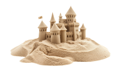 sand, toy castle on white