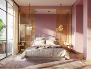 A bedroom with a white bed and a pink wall