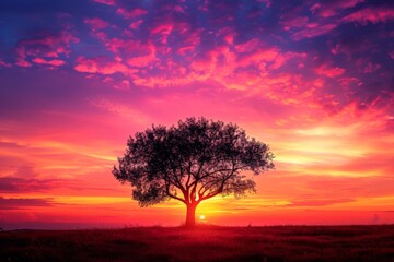 Obraz premium Majestic Sunset Tree Silhouette