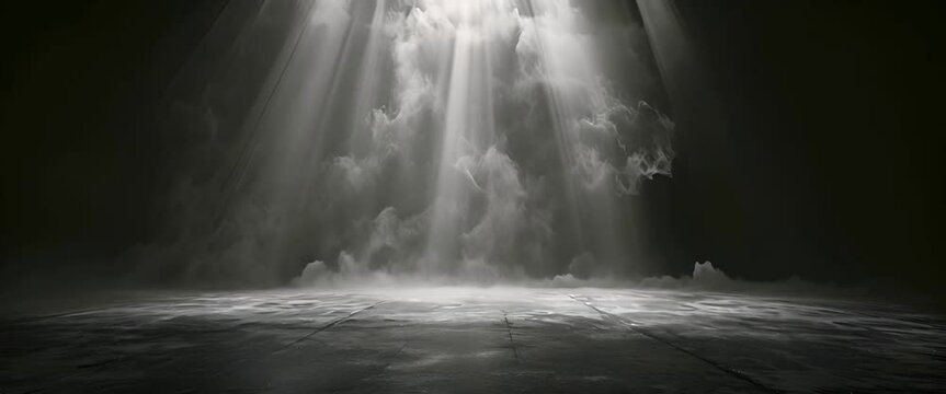 Background of an empty dark room. Empty walls, lights, smoke, glow, rays