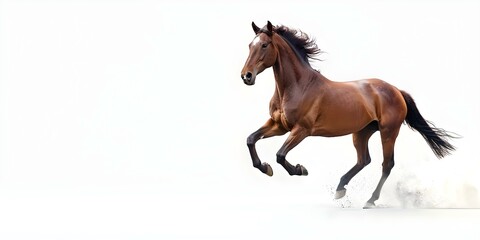 Brown horse galloping on white background. Concept Furry Friends, Animal Agility, Dynamic Equestrianism, Freedom in Motion, Equine Elegance