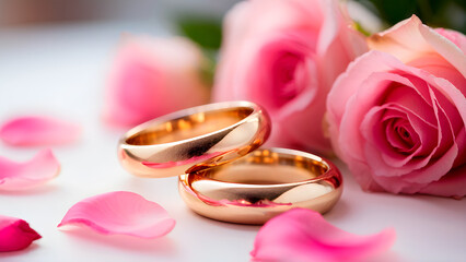 Gold wedding rings on a bouquet of flowers for the bride