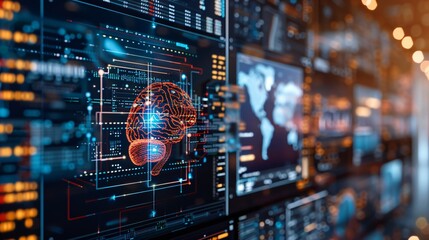 Obraz premium beautiful AI design with a brain on a computer monitor, artificial intelligence technology