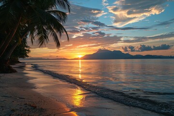 Tropical Beach Sunset with Mountains in the Distance