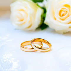 Gold wedding rings on a bouquet of flowers for the bride