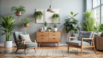 Minimalist Living Room with Green Plants and Wooden Furniture