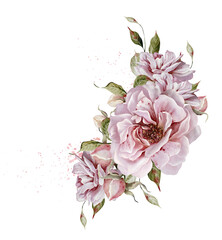Watercolor wedding bouquet with roses flowers and leaves. 