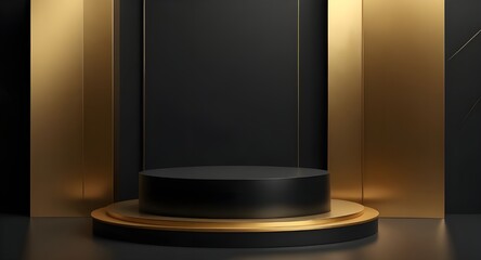 Luxury black gold podium modern platform presentation 3d stage background with abstract geometric golden wall backdrop or empty pedestal cosmetic product display and sale advertising fashion stand.