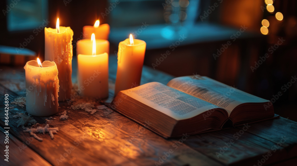 Poster A table topped with candles and an open book