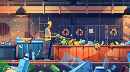 Waste sorting concept with factory worker or volunteer sorting garbage into containers for recycling. Illustration of waste management, environmental protection, and recycling industry.